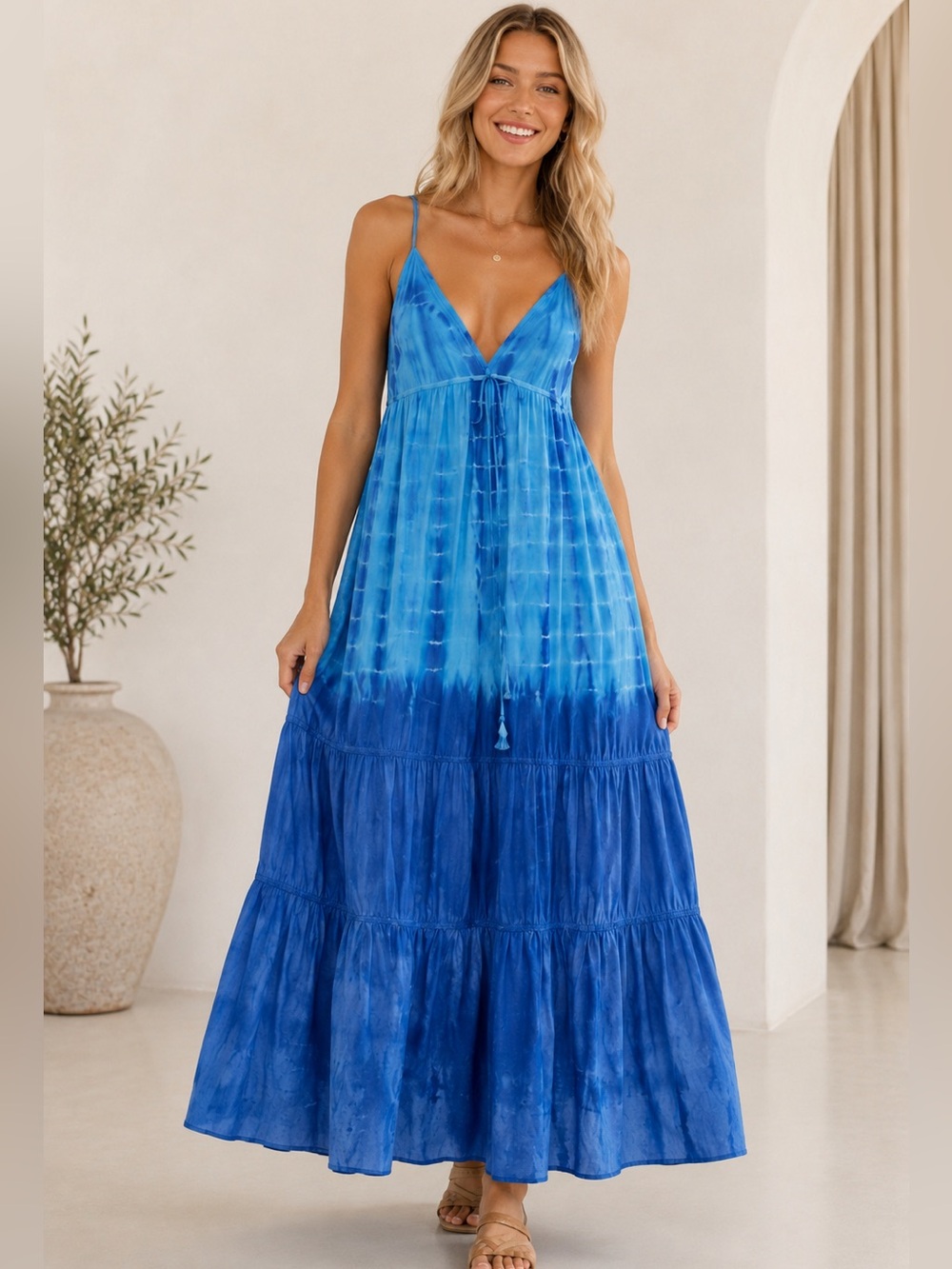 Seaton Boho Tie-Dye Blue Maxi Dress with Strappy Back Size XS